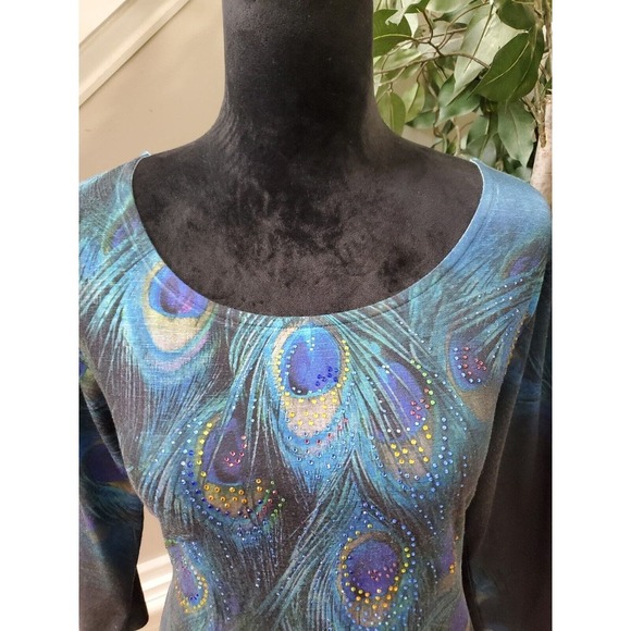 Indigo Soul Women's Multicolor Peacock Round Neck Long Sleeve Top Blouse Small - Picture 2 of 12